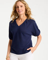 Linen Ruched V-Neck Tee Passport Blue - Chico's