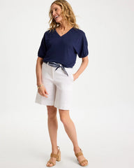Linen Ruched V-Neck Tee Passport Blue - Chico's