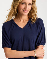 Linen Ruched V-Neck Tee Passport Blue - Chico's