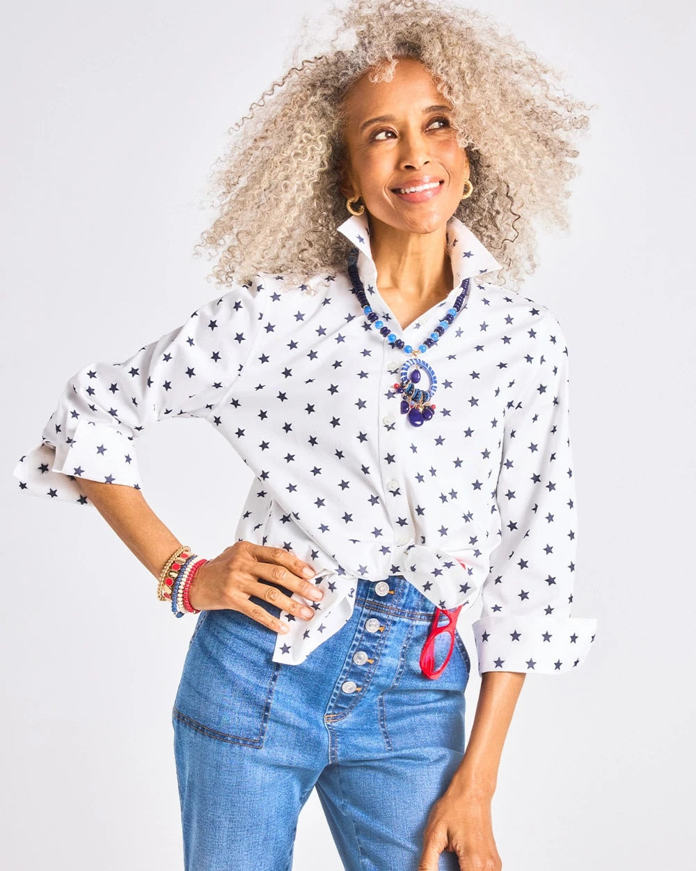 No Iron™ Stretch Jacquard Stars Shirt Passport Blue - Chico's
