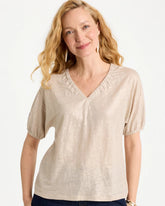 Fog Foiled Linen Ruched V-Neck Tee Smokey Taupe - Chico's