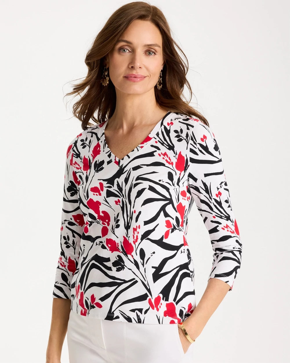 Cotton Stretch 3/4 Sleeve Floral Tee Black - Chico's