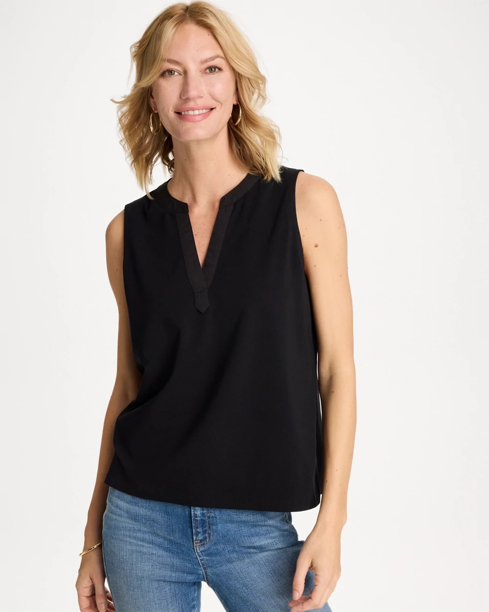 Cotton-Stretch Notch Neck Tank Black - Chico's