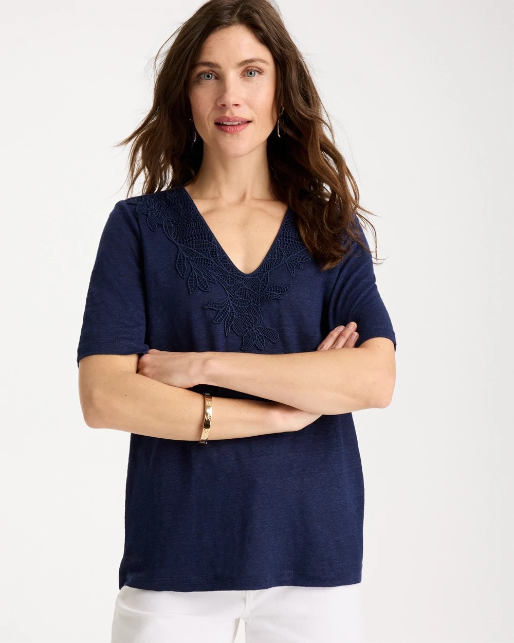 Flora Lace V-Neck Tee Passport Blue - Chico's