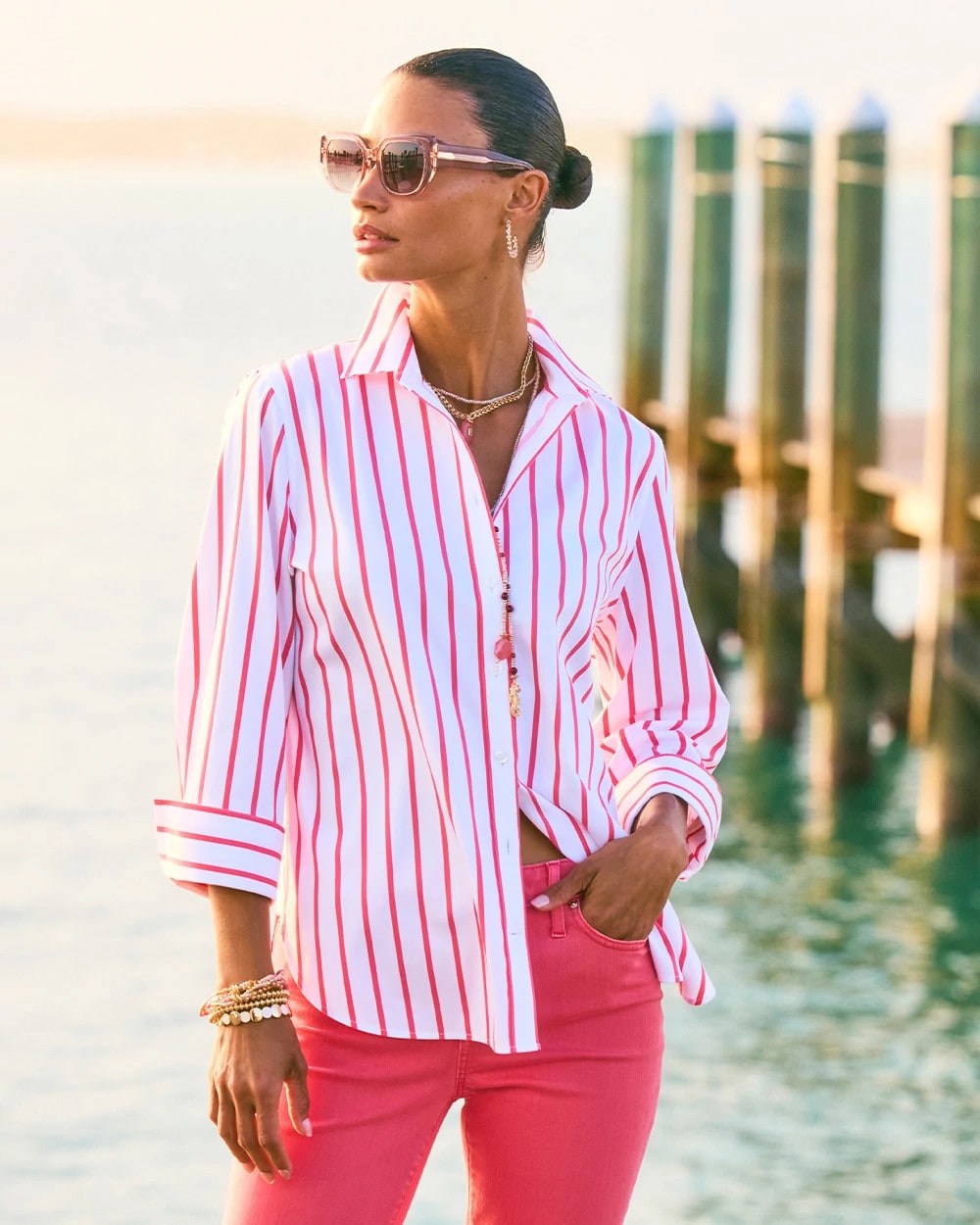 No Iron™ Stretch Striped Shirt Calypso Coral - Chico's