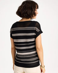 Striped Mesh Stitch Pullover Sweater Black - Chico's