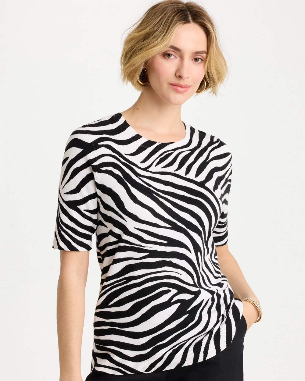 Ella Zebra Crewneck Pullover Sweater Black - Chico's