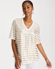 Striped Cotton Slub V-Neck Tee Alabaster - Chico's