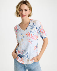 Pima Floral Elbow Sleeve Tee Calypso Coral - Chico's