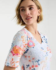 Pima Floral Elbow Sleeve Tee Calypso Coral - Chico's