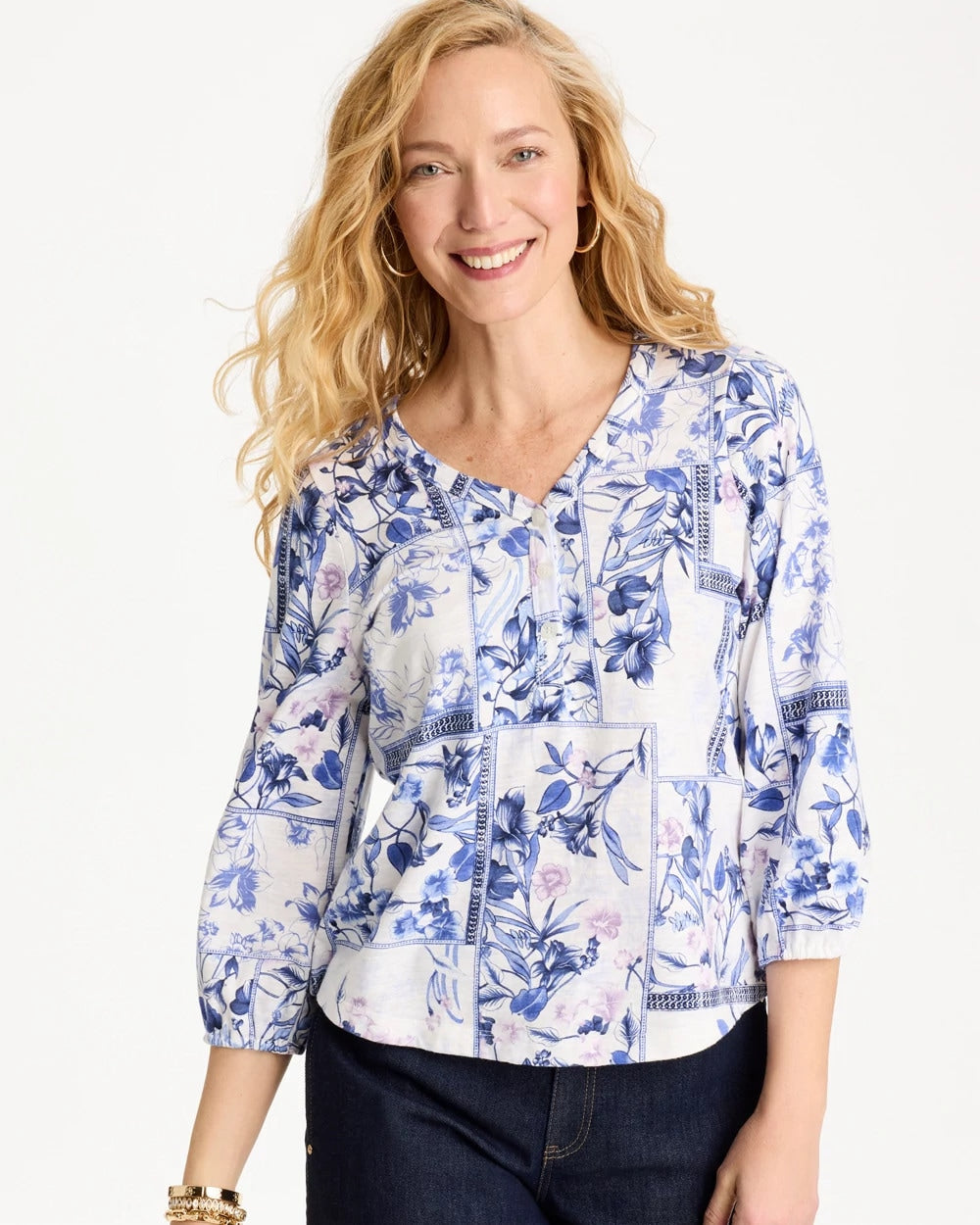 Elle Puff Sleeve Cotton Slub Henley Tee Passport Blue - Chico's
