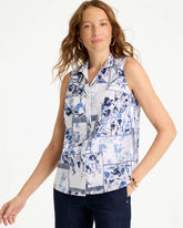 Cotton-Blend Classic Printed Sleeveless Shirt Amparo Blue - Chico's