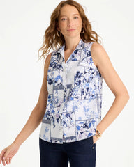 Cotton-Blend Classic Printed Sleeveless Shirt Amparo Blue - Chico's