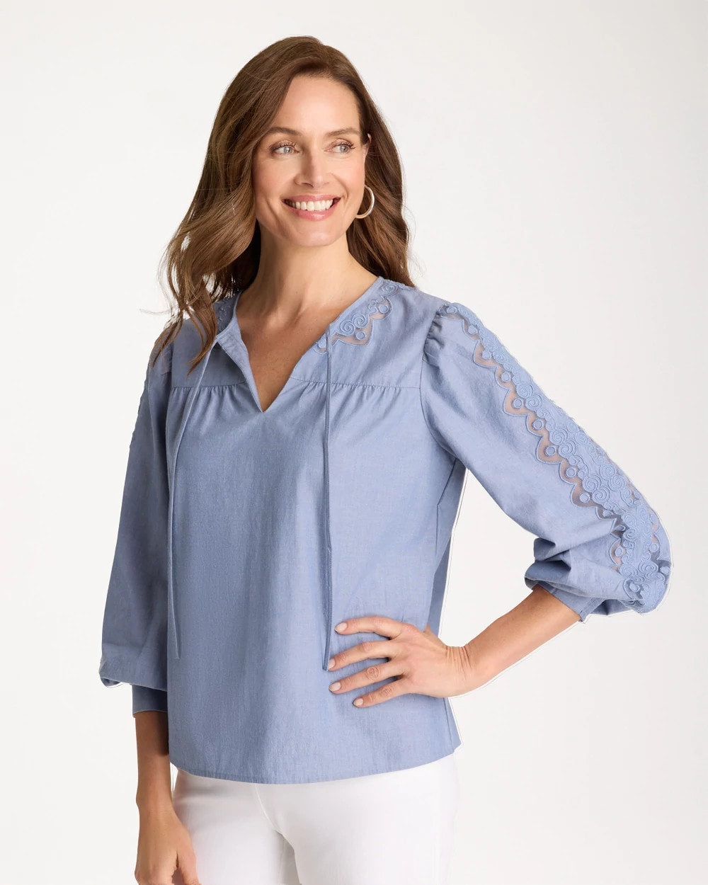 Chambray Lace Tie-Front Blouse Washed Indigo - Chico's