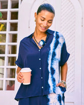 Faux Silk Henley Colorblock Top Passport Blue - Chico's