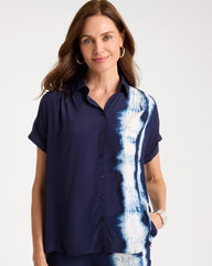 Faux Silk Henley Colorblock Top Passport Blue - Chico's