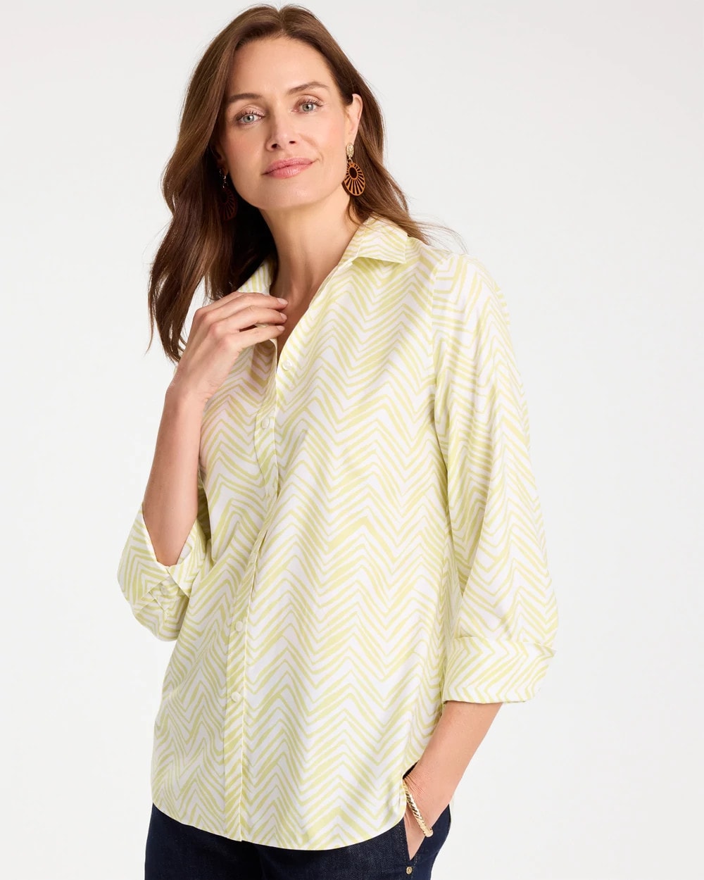 Chevron No Iron Stretch Shirt Soft Lime - Chico's