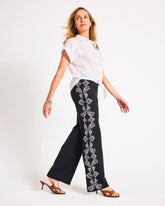 Embroidered Pull-On Wide-Leg Linen Pants Black - Chico's