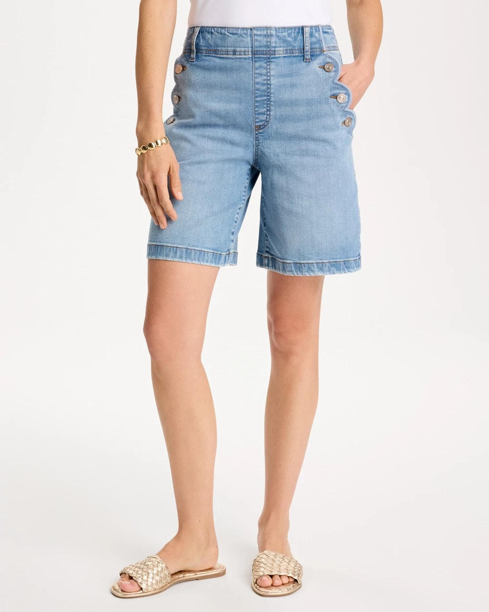 Pull-On Scallop Button Jean Shorts Blue Jay Indigo - Chico's
