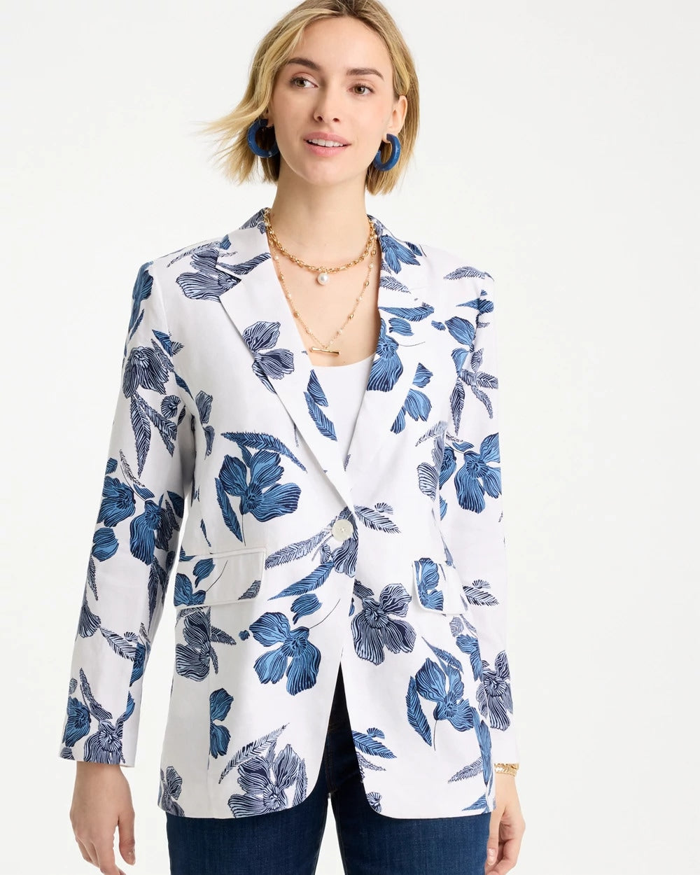 Linen Printed Piped Boyfriend Blazer Alabaster - Chico's