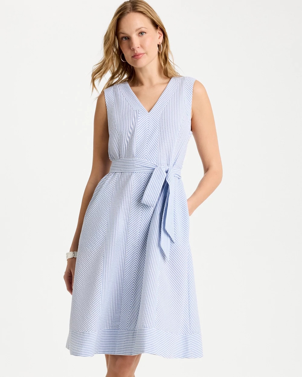 Seersucker V-Neck Sleeveless Dress Light Blue - Chico's