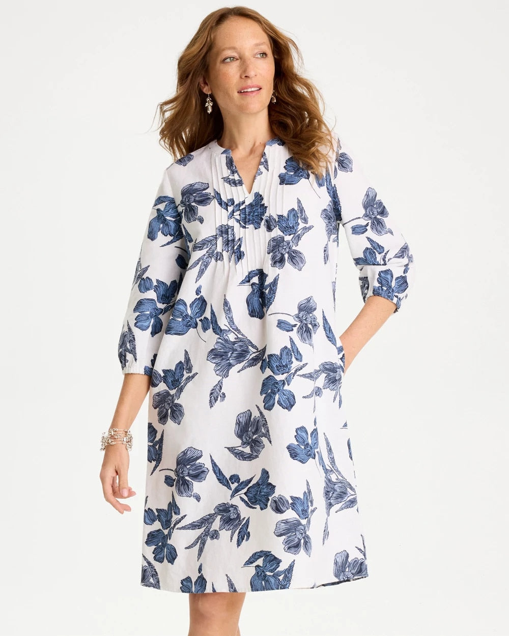 Floral Linen-Cotton Pintuck Dress Alabaster - Chico's