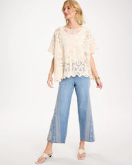 Woven Cotton-Blend Crochet Lace Poncho Ecru - Chico's