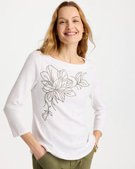 Embroidered Pima 3/4 Sleeve Tee Alabaster - Chico's