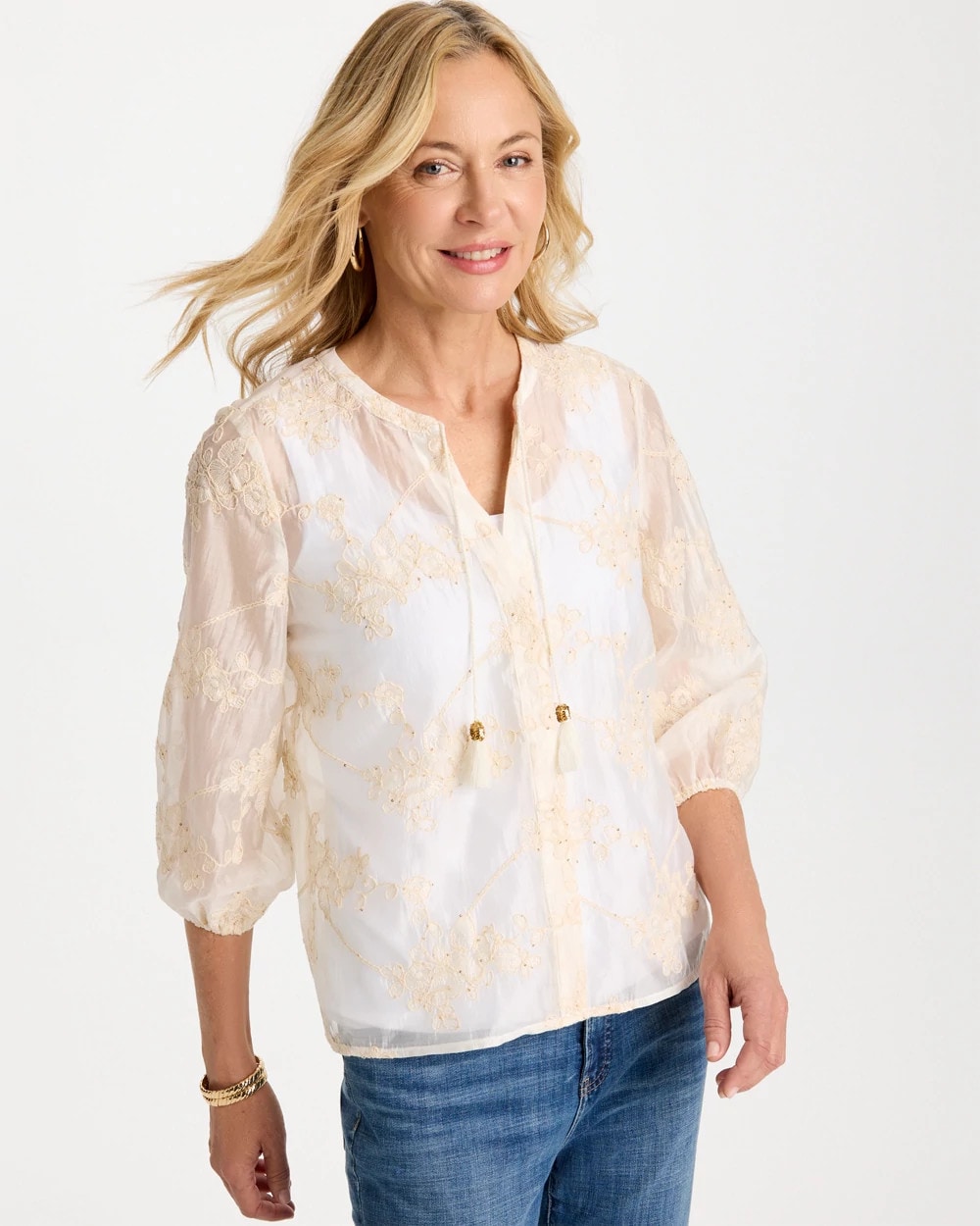 Embroidered Tassel Tie-Front Top Alabaster - Chico's