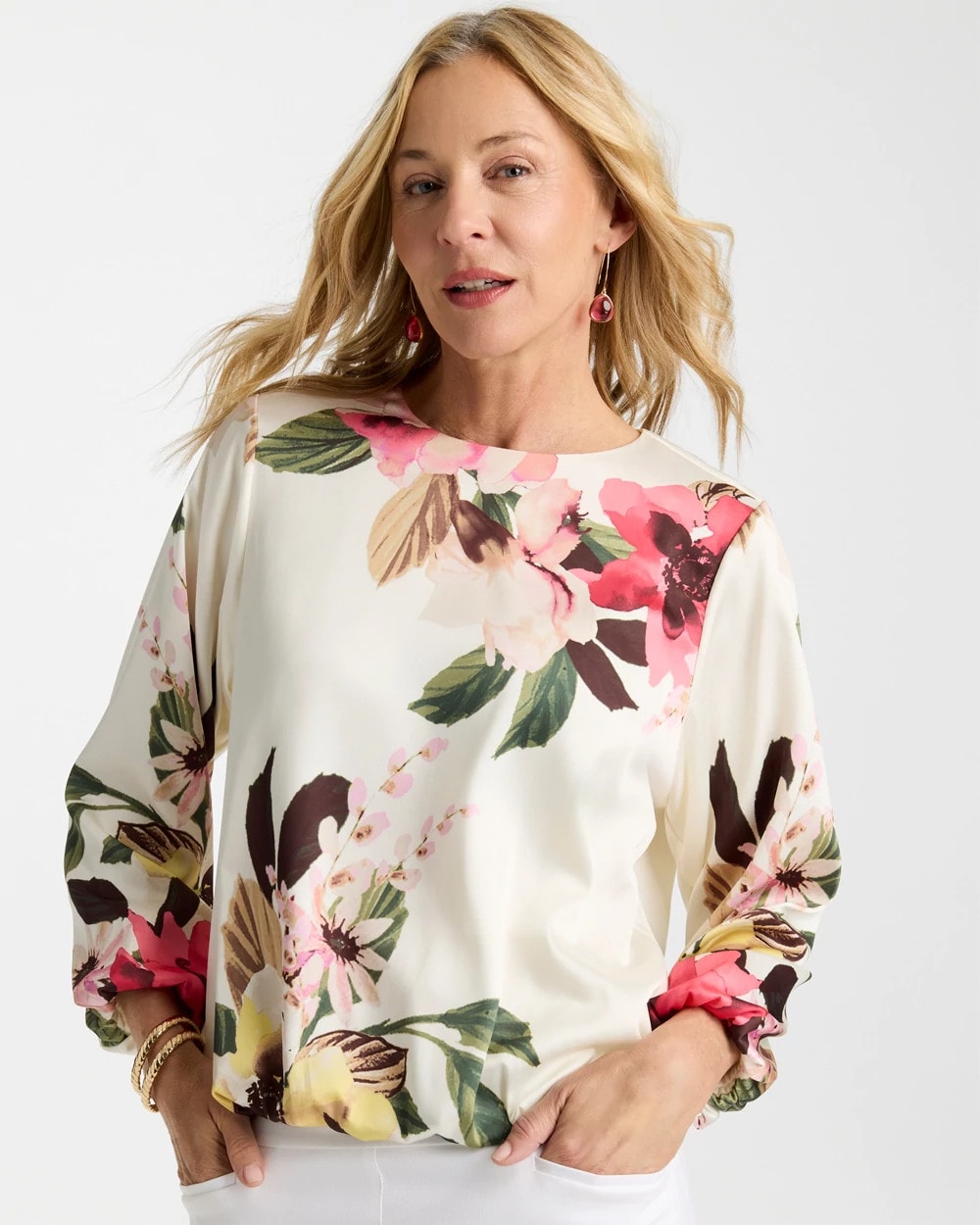 Crewneck Satin Bubble Hem Top Hot Honeysuckle - Chico's