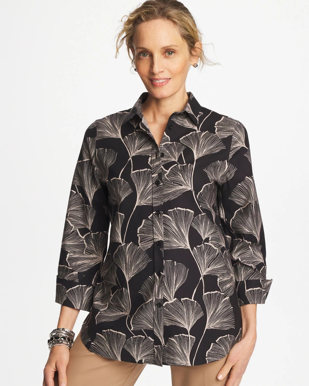 No Iron™ Stretch Ginkgo Glory Shirt Black - Chico's