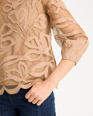 Floral-Motif Mesh 3/4 Sleeve Top Cattail Brown - Chico's