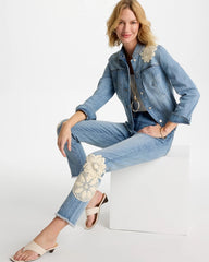 Embroidered Frayed Denim Trucker Jacket Coral Reef Indigo - Chico's