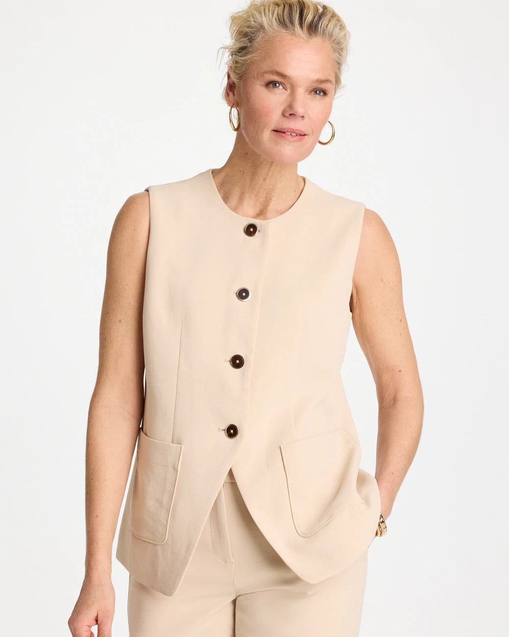 Split Hem Crepe Vest Pale Sand - Chico's