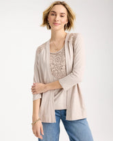 Embroidered Cotton Slub 3/4 Sleeve Cardigan Smokey Taupe - Chico's