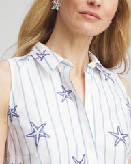 No Iron™ Starfish Striped Sleeveless Sateen Shirt Optic White - Chico's