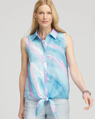 No Iron™ Linen Tie-Front Sleeveless Shirt Paradiso Blue - Chico's