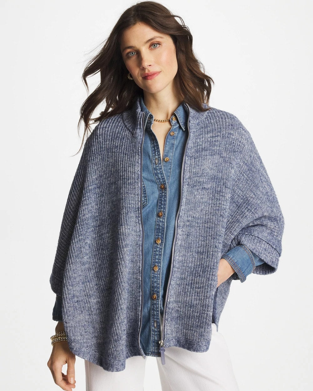 Rounded Hem Zip-Front Ruana Indigo Sky Heather - Chico's