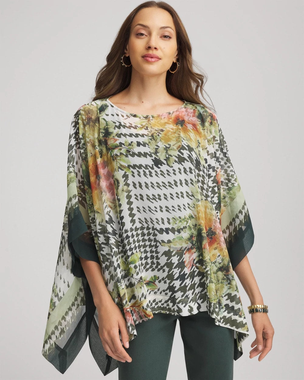 Printed Crinkle-Chiffon Pullover Poncho Nettle Leaf - Chico's