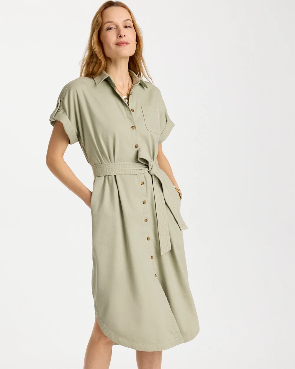 Dolman Tie Hemp Denim Shirtdress Seagrass Green - Chico's