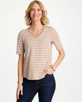 Striped Cotton Slub V-Neck Tee Cattail Brown - Chico's