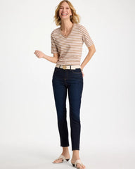 Striped Cotton Slub V-Neck Tee Cattail Brown - Chico's