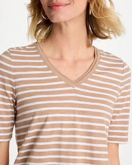 Striped Cotton Slub V-Neck Tee Cattail Brown - Chico's