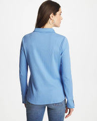 Knit Woven Mix Rib Henley Tidal Blue - Chico's