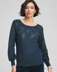 Heatset Embroidered Pullover Teal Shadow - Chico's