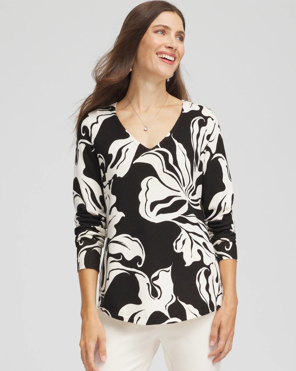 Ella Printed V-Neck Sweater Black - Chico's