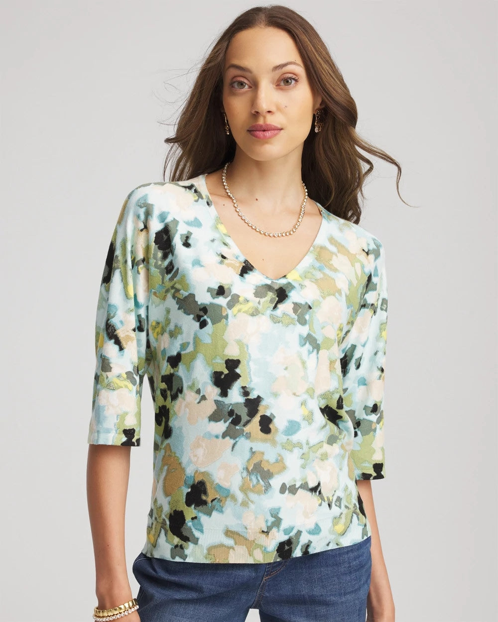 Printed Dolman V-Neck Pullover Sweater Blue Menthe - Chico's