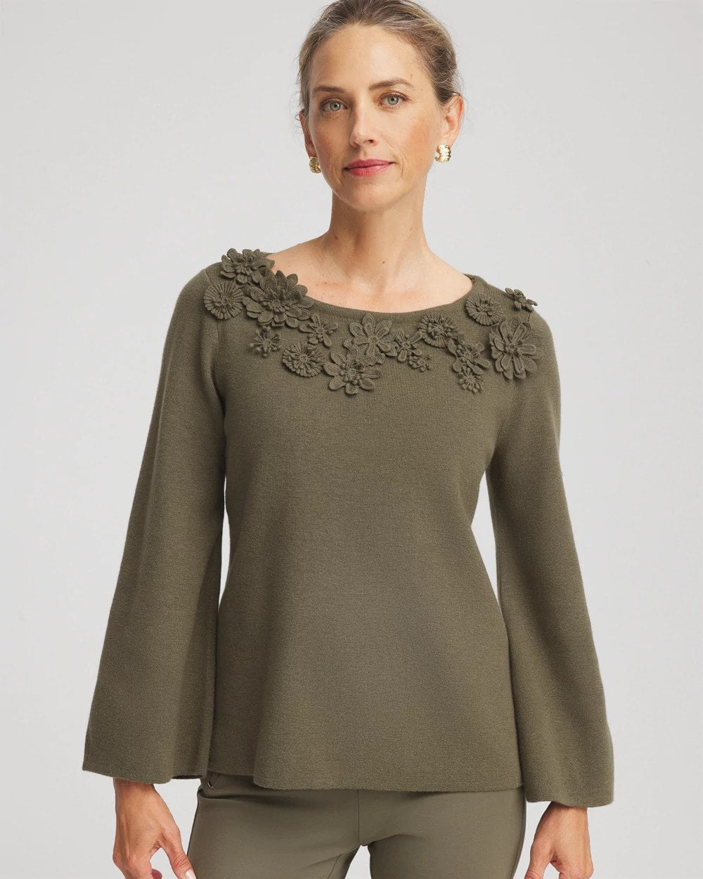 Appliqué Flared-Sleeve Sweater Nettle Leaf - Chico's
