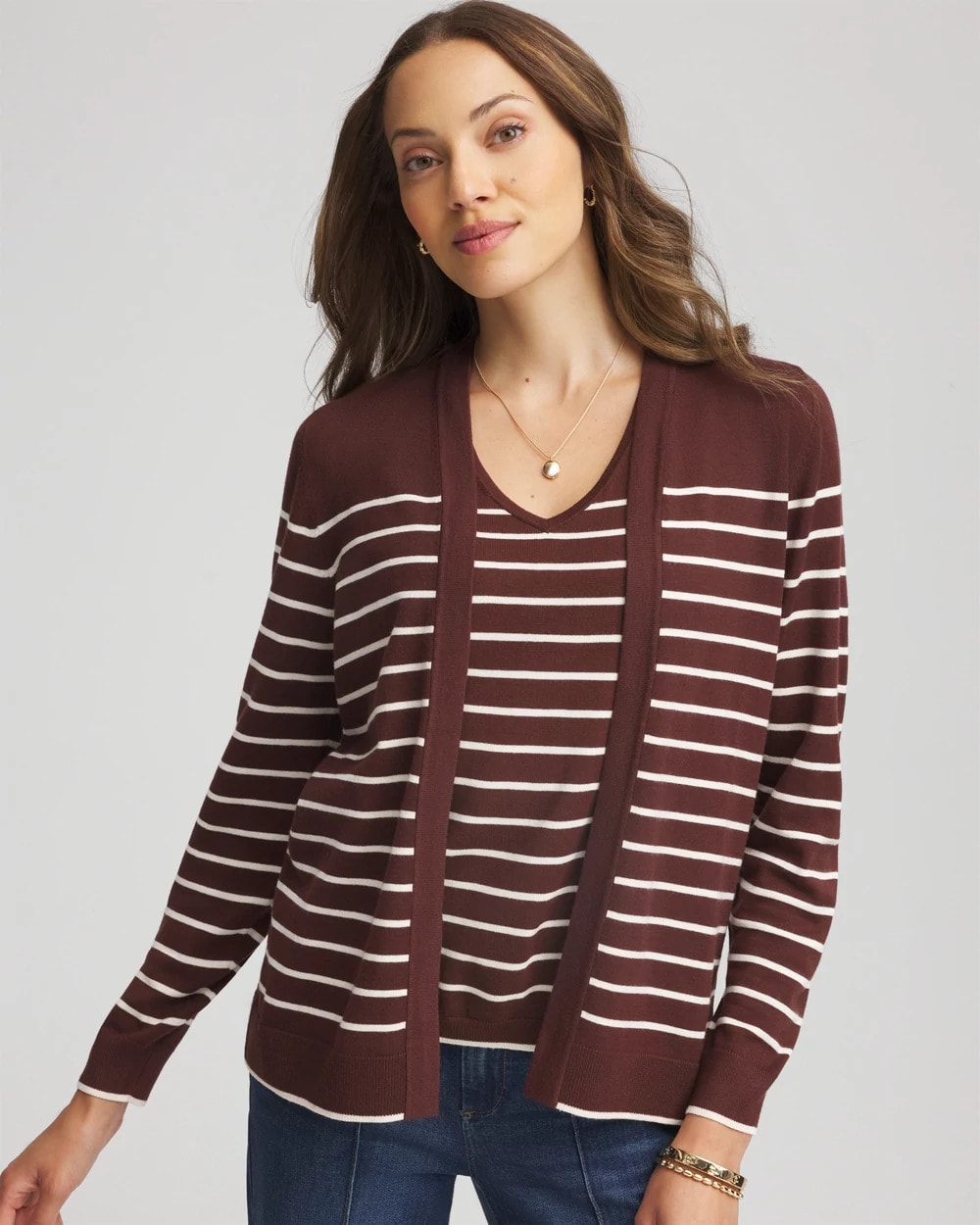 Ella Striped Long-Sleeve Cardigan Cacao - Chico's