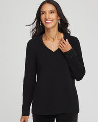 Embellished V-Neck Pullover Sweater Black - Chico's